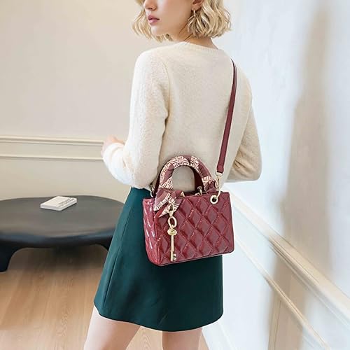 Quilted Square Box Bag for Women, Vegan Leather Vanity Purse - color: Burgundy