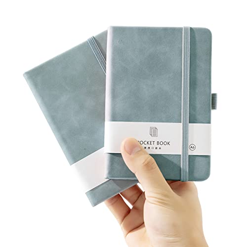2Pack Pocket Notebook Small Notebook Journal Notebook 4 inches x 5.7 inches 200 Pages Leather Cover With Pen Holder Page Marker Ribbons(Blue) - color: Blue