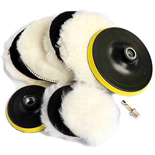 9PCS 4" 6 Inch Wool Polishing Buffing Pad Kit,Polishing Buffing Wheel for Drill Buffer Attachment with 5/8"-11 Drill Adapter Assortment Kit for Car Body Repair Polishing and Waxing
