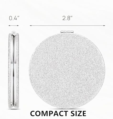 Silver Compact Mirror for Women,Magnifying Travel Mirror with Glitter,Double-Sided Small Pocket Mirror,Portable 2 x 1x Magnification Folding Makeup Mirror,Cosmetic Mirror for Gift - color: Silver-round