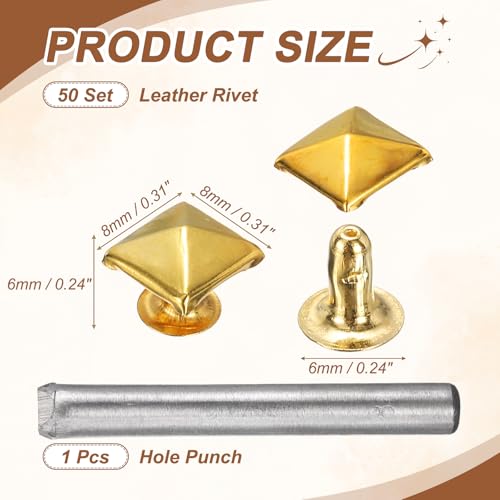 HARFINGTON 50pcs Pyramid Rapid Rivet 8mm Leather Rivets Rapid Punk Spikes Leathercraft Decoration with Hole Punch for Rock Nailheads Clothing Belts Bags Shoes, Gold - color: Gold, size: 8mm