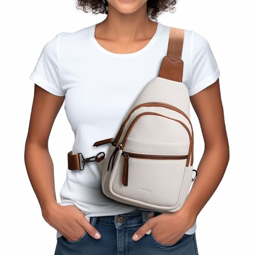 Alldaily Large Sling Bag for Women Crossbody Purse Leather Fashionable Trendy Chest Bag for Travel, Fanny Pack (White) - color: White With Brown