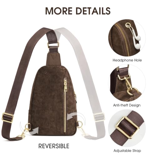 Kattee Sling Bag for Women, Genuine Suede Leather Crossbody Bags | Top grain pebbled cowhide leather fanny pack crossbody purse. Small chest bag with RFID blocking for travel. - color: Suede Chocolate