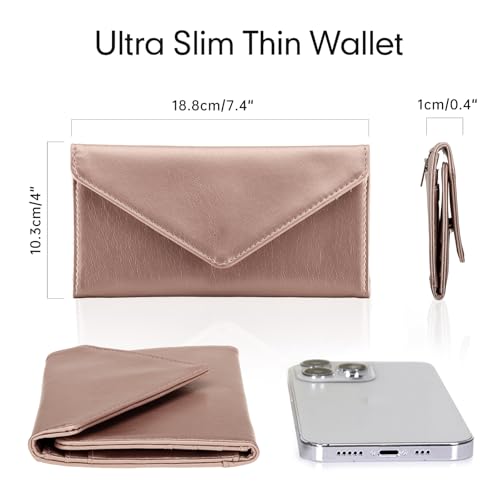 Envelope Wallets for Women Leather Credit Card Holder with RFID Blocking,2 ID Window, Zip Coin Pocket, Rose Gold - color: Rose Gold