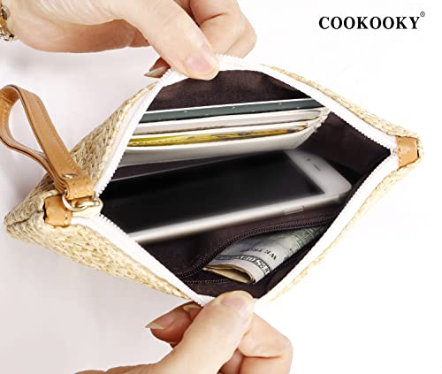 COOKOOKY Womens Straw Clutch Bag Bohemian Summer Beach Straw Purse Zipper Wristlet Wallets for Women - color: Beige-white