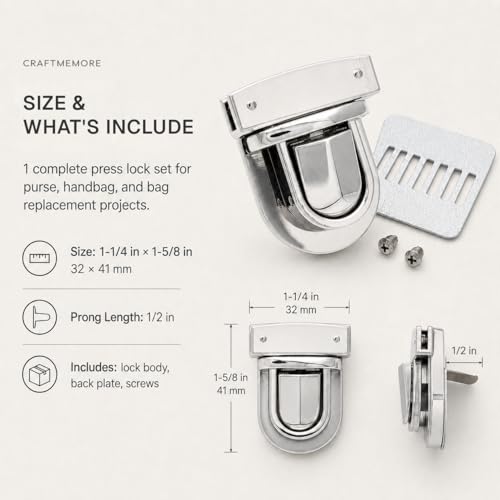CRAFTMEMORE 1-1/4 Inch Press Lock Purse Catch Clasp Hardware for Bag Silver Pack of 1 - color: Silver