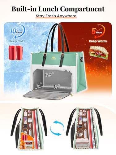 MATEIN 15.6 Inch Lunch Bag, Laptop Tote with Lunch Compartment for Women | PU Leather Computer Handbag, Water Resistant Shoulder Bag for Women, Office Business Gift, Teacher Nurse Office Tote, 2 Sets - color: Green