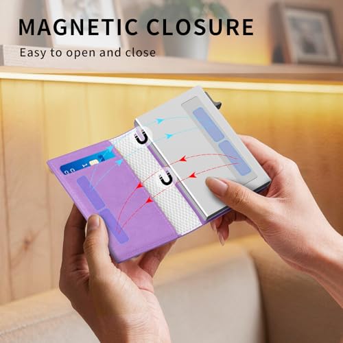 RFID Wallet Women: Stylish Security Metal Wallet for 10-12 Cards & 2 ID Windows - Smart Pop-Up Credit Card Holder & Cash Slot in Compact Trifold Design,Gift for Her(Purple) - color: Purple
