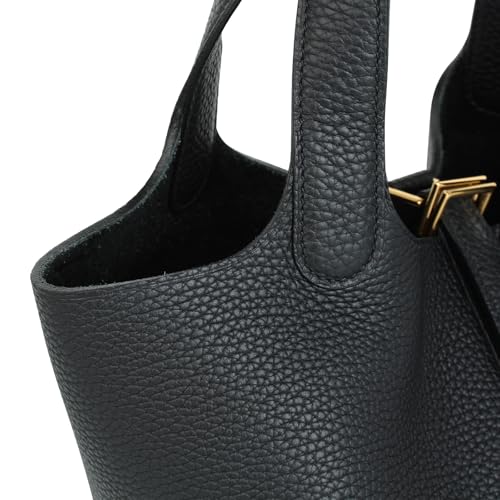 Genuine Leather Bucket Bag with Shoulder Strap, Organizer Insert & Silk Scarf for Women Handbag Tote Bag - color: Black-gold