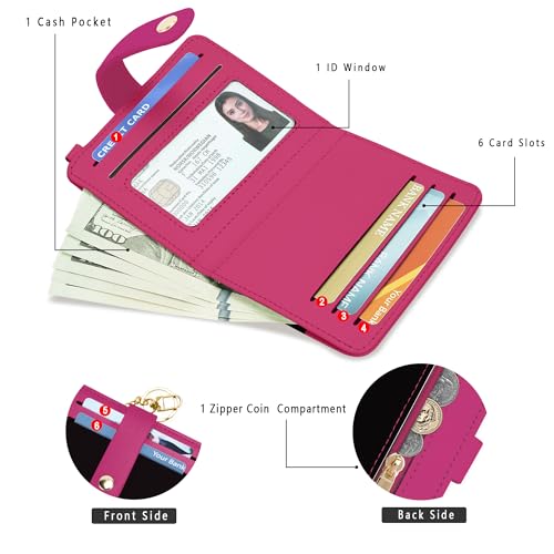 Airkit Small Wallet Women RFID, PU Leather Card Holder with Keychain - color: Black & Rose Red