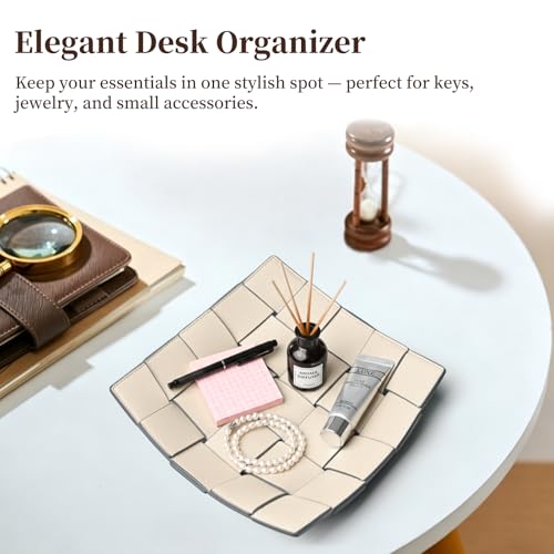 MSJGA Valet Tray PU Leather Key Holder Bowl for Women and Men Entryway Table Nightstand Desk Tray for Wallet, Keys Men's Gift - Beige & Gray, 9.8" L x 9.8" W x 2" H - color: Beige + Gray