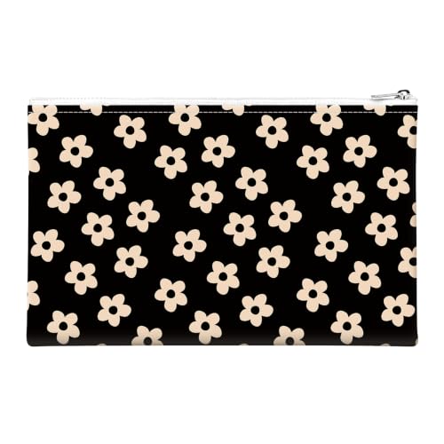 Money Bag with Zipper, Cute PU Leather Cash Bags, Portable Bank Bag Money Pouch for Cash, Coins, Checks, Receipts, Invoices Cosmetics Tools, Deposit Bag for Office Travel, Black Daisy - color: Black Daisy