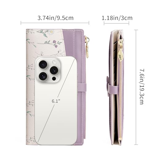 GAEKEAO Womens Wallet Slim Thin RFID Blocking Bifold Floral Vegan Leather Card Holder Large Capacity Wallet with Zipper Pocket - color: Y-Purple