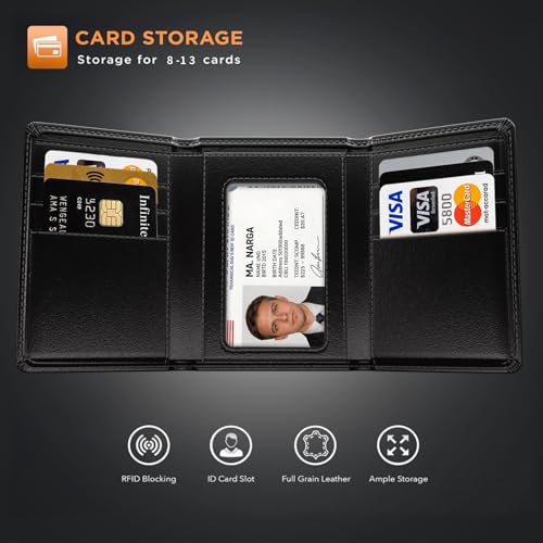 Trifold wallets for Men, RFID Blocking Trifold Wallets, Mens Genuine Leather Trifold Wallets, 8 Card Slots and ID Window, Slim Durable and Easy to Carry - color: Elegant Black
