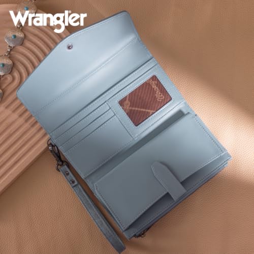 Montana West X Wrangler Womens Wallet Large Capacity Long Compact | Card Cases & Money Organizers for Ladies Female Zipper Wallet Wristlet with Coin Purse and Wrist Strap - color: Trifold-Jean