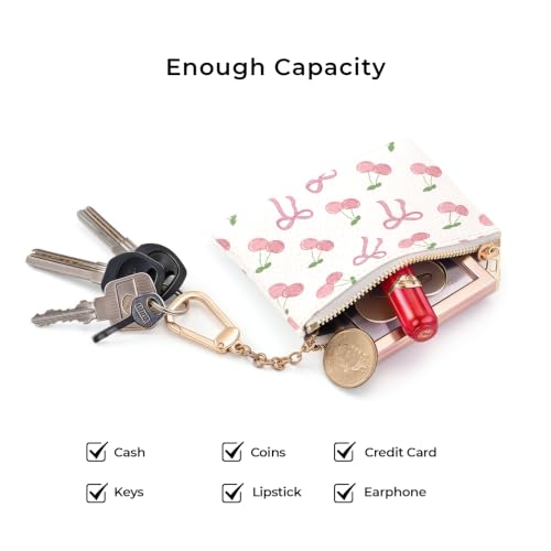 Cherry Bow Keychain Cute Coin Purse for Women, Small Change Pouch | Zipper Key Chain Purse, Little Mini Zip Pocket, PU Leather, Travel Wallet for Girls, Coin Cash Holder, Key Ring, Women Gifts - color: Coquette Bow