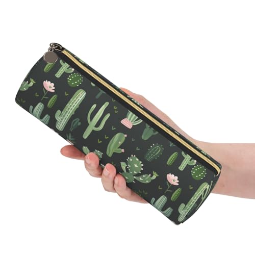 OSAM SPACE Leather Pencil Case Round Pencil Bag Green Plant Cactus Pen Organizer Holder Portable Zipper Pouch Cute School Supplies for Girls Boys Study Office - color: Green Plant Cactus