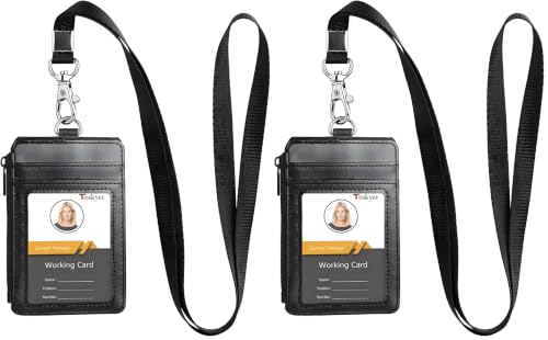 Teskyer Leather ID Badge Holder with Lanyard, Lanyard Wallet, Black (Pack of 2) - color: Black, size: 3.1" x 4.7" (Pack of 2)