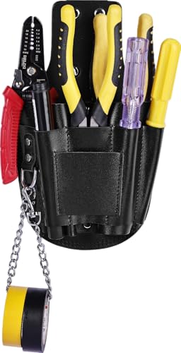 Small Tool Pouch, Genuine Leather Electrician Tool Pouch | 7 Pockets with Metal Tape Chain, Reinforced Rivets, Convenient & Quick Tool Access - color: black-b