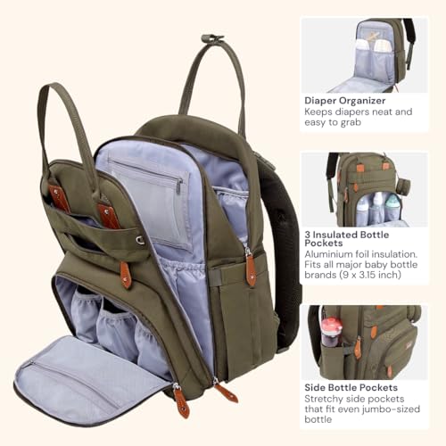BabbleRoo Diaper Bag Backpack - Baby Essentials Travel Tote - Multi Function Water Resistant Diaper Bag, Travel Essentials Baby Bag with Changing Pad, Stroller Straps & Pacifier Case - Army Green - color: Army Green, size: Large