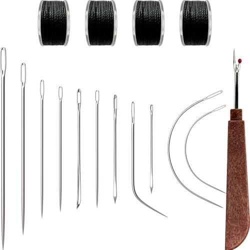 VONEEDL Heavy Duty Sewing Needles (11 PCS) & Waxed Thread (Black Color - 4 Rolls) - Upholstery Repair Kit for Leather, Canvas, Quilting & More - size: 11 Needles + 4 Black Thread Rolls