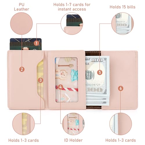 Womens Wallet Credit Card Holder Small Ladies Wallet Rfid Card Holder for Women Id Window Aluminum Pop Up Cash Pocket Pu Leather Boho Purses - color: Pink