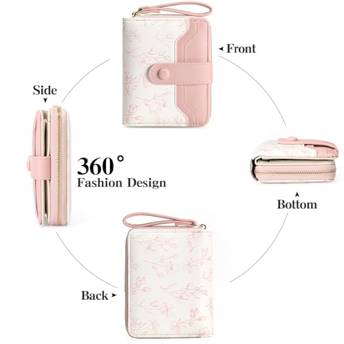 GAEKEAO Womens Wallet Slim Thin RFID Blocking Floral Leather Card Holder Bifold Long Ladies Wallet with Zipper Pocket - color: A03-Pink & White