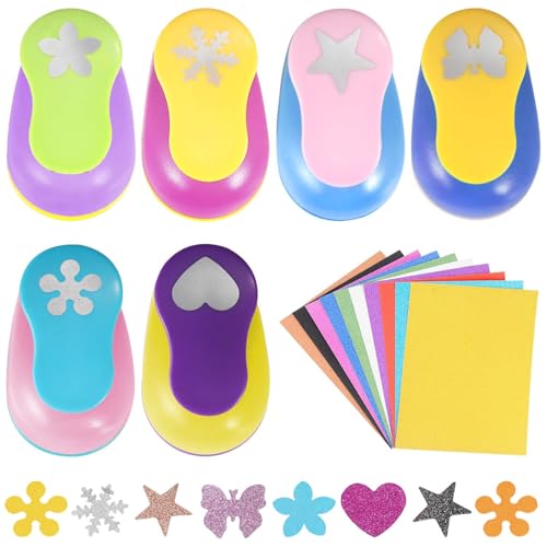 6 Pcs Colorful Craft Hole Punch with 10 Glitter Cardstock Papers, Decorative Scrapbook Paper Puncher Set, Different Shape Paper Hole Puncher Set for Office Supplies (Multicolor 3) - color: Multicolor 3