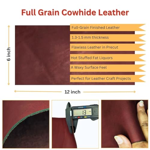 Genuine Leather Hide | 1.3-1.5 mm Thick | Full Grain Leather Sheet & Pieces for LeatherCrafting and Leatherworking Projects by Kozmo (Maroon, 06"X12") - color: Maroon, size: 06"X12"
