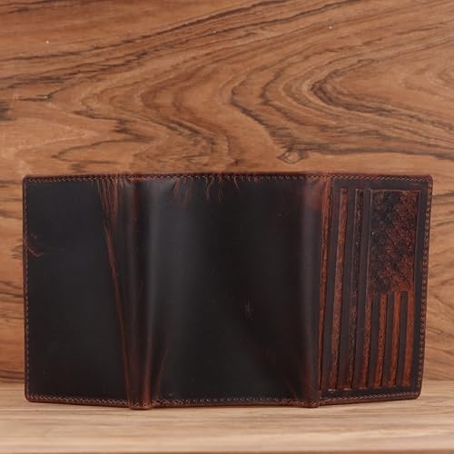 Trifold Wallet for Men, Full Grain Cowhide Leather, RFID Blocking, Gifts for Men (Brown with US Flag) - style: Brown With Us Flag
