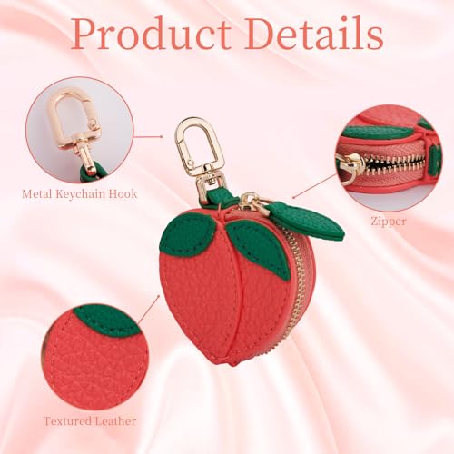 Fruit Coin Purse Bag Charm Keychain, Mini Charm Kawaii Leather Coin Purse Pouch Holder for Airtag Handbag Tote Wallet - color: Peach