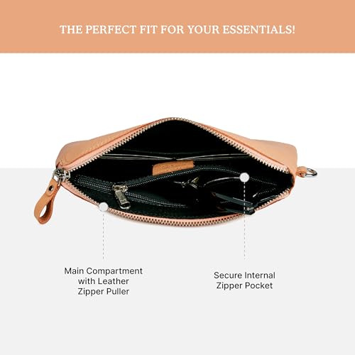 Leather Wristlet Wallet for Women Clutch Handbag Purse with Cell Phone Slot | Genuine Top Grain Leather, 8 Credit Card Slots, Detachable Strap, YKK Zipper, Gifts for Women - color: Peach Nappa