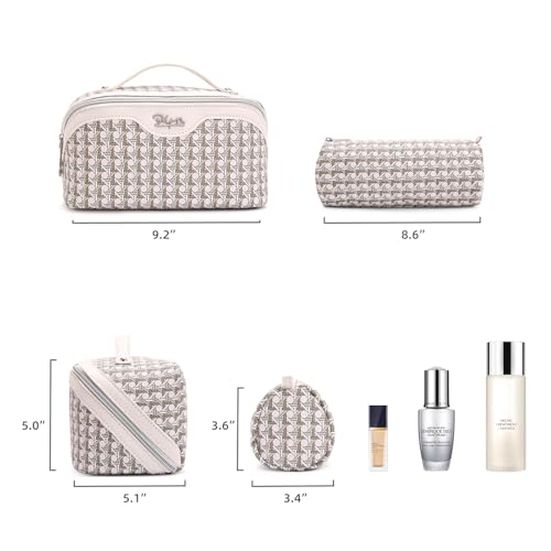 BOYATU Travel Makeup Bag Cosmetic Bags for Women: 3 Pcs Set Make up Bag | Large Capacity Waterproof Vegan Leather Organizer Bags with Compartments - Lay flat Toiletry with Handle (M-80Off-white) - color: M-80Off-white