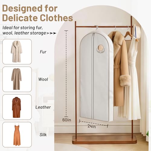 MISSLO 60" Cotton Garment Bag for Long Dress Breathable Fur Coat Storage Bag Women Dress Cover Luxury Garment Bags for Hanging Clothes Travel for Fur Coat, Jacket, Gown, Suit - size: 60 inch