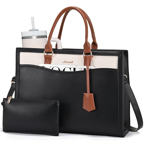 LOVEVOOK Laptop Tote Bag for Women, Large Work Computer Bag with Cup Holder - color: Black/Beige/Brown, size: 15.6 Inch