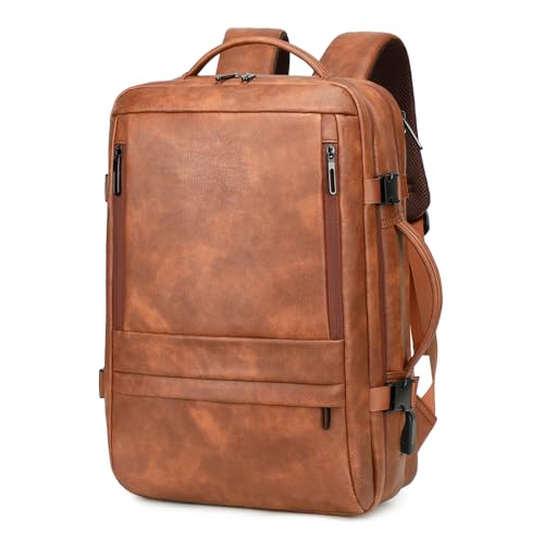 Travel Backpack Women, PU Leather Carry On Backpack Flight Approved, Brown | 40L, Laptop Compartment, Expandable, Personal Item Travel Bag, for Traveling Weekender Business - color: Brown