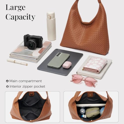 Woven Textured Vegan Leather Hobo Tote Bag Large Slouchy Purse for Women | Trendy work handbag with magnetic closure and interior pockets. Chic aesthetic satchel ideal to carry daily travel essentials - color: Brown