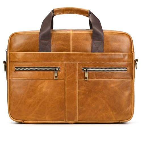 Genuine Leather Briefcase for Men, Laptop Computer Shoulder Bag With Strap, 15.6 Inch Business Travel Work Handbag - color: 3316 Yellow Brown