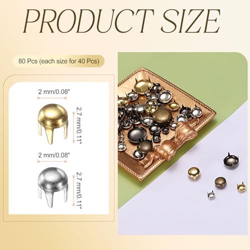 HARFINGTON 80pcs Round Dome Rivets 2mm Copper 4 Claw Rivet Metal Spike Studs Spots Punk Rock for Leather Craft Clothes Belt Bag Shoes Bracelet Accessories, Silver/Gold - color: Silver/Gold, size: 2mm