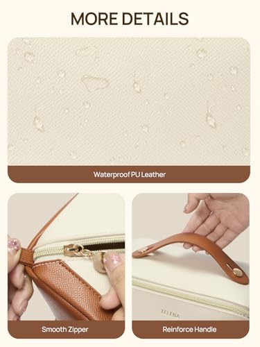 Telena Leather Make Up Bag Portable Travel Makeup Bag Waterproof Cosmetic Bags for Women Large Capacity With Handle and Divider Open Lay Flat | Cosmetic Bags for Women Large Capacity With Handle and Divider Open Lay Flat - color: 0-Beige with Brown