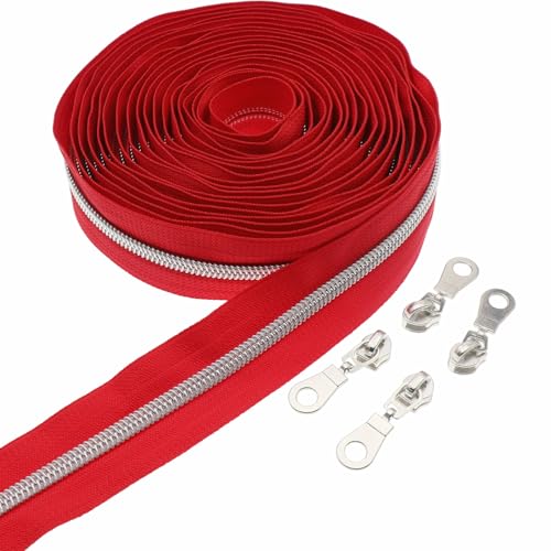 Leekayer #5 Silver Coil Zippers Bulk 5 Yards Red Tape 10pcs Silver Sliders - color: Black