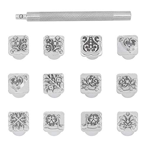PH PandaHall 12pcs 10mm Zinc Alloy Leathercraft Metal Flower Pattern Stamps Punch Set Tool with 1pc Handle for Leather Craft Belt Bag Craft DIY Jewelry Marking, 12 Shapes - color: Flower