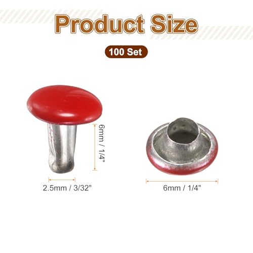 HARFINGTON 100 Sets Double Cap Leather Rivets, 6x6mm Round Cap Tubular Metal Studs Leather Crafting Rivets for Fabric Belt Pet Collar Boot Bag Repair and Decoration, Red - color: Red, size: 6x6mm