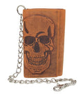 RFID Blocking Mens Tri-fold Long Style Crazy Horse Leather Steel Chain Wallet, (Skull Tan) - color: Skull Tan