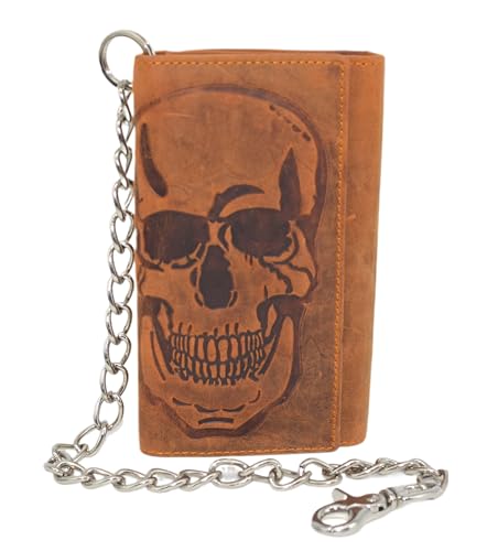 RFID Blocking Mens Tri-fold Long Style Crazy Horse Leather Steel Chain Wallet, (Skull Tan) - color: Skull Tan