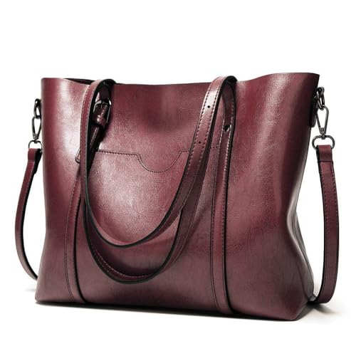 Pahajim Faux Leather Tote Bag for Women, Large Zipper Shoulder Purse - color: Burgundy