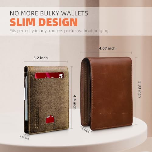 RUNBOX Slim Wallet for Men - RFID Blocking Leather Bifold with Money Clip | Minimalist Front Pocket Wallet Holds 11 Cards,Slim Thin Design,RFID Blocking Protection, Practical Birthday Gifts for Men - color: Crazy Horse Brown