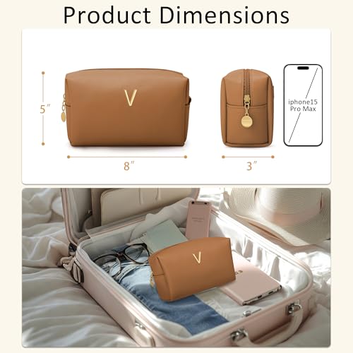 Gifts for Women Bridesmaid Gifts Initial Makeup Bag | Personalized Birthday Gift | PU Leather Cosmetic Pouch Bag | Waterproof Travel Toiletry Bag (Brown V) - color: Brown, style: V