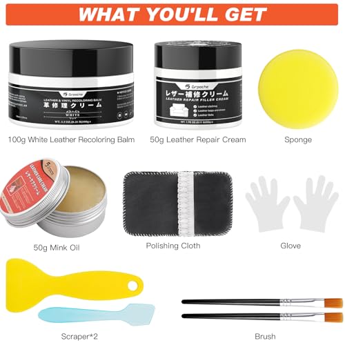 Leather Recoloring Balm White, Mink Oil Leather Conditioner & Leather Filler Cream, Leather Repair Kit for Furniture,Vinyl Repair Kit Restore Couches, Car Seats, Purse, Scratch, Peeling, Burn Holes - color: White
