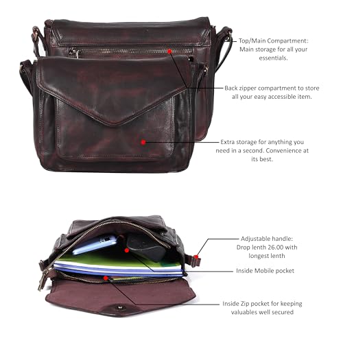 Ozora Genuine Leather Crossbody Purse for Women, Shoulder Bag - color: Bordeaux Wash